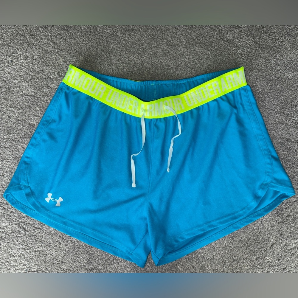 Like New Under Armour Women's Play Up Shorts, Bright Blue w Neon Yellow/Green, M